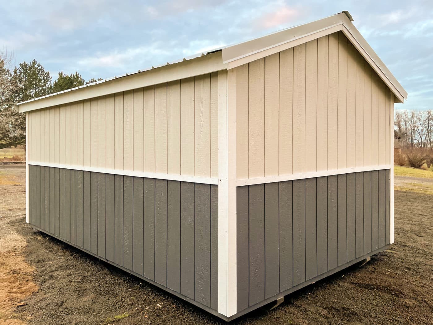 tan and gray shed for sale in oregon with white trim